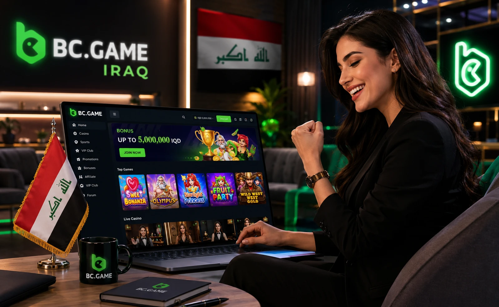 لاعبة تستخدم كازينو BC Game العراق مع علم العراق